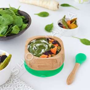 ECO RASCALS - SET USHQIMI TAS & LUGE +4MUAJSH "BAMBOO SUCTION BOWL & SPOON GREEN" - 793591118178