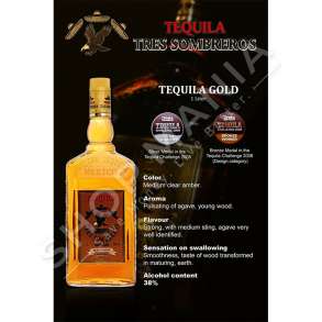 TRES SOMBREROS GOLD - TEKILA - 1L, 38% VOL.
