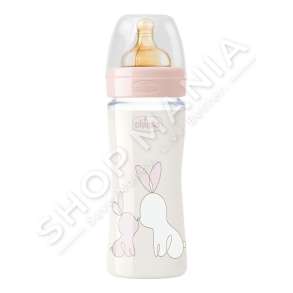 CHICCO - SHISHE QELQI ME BIBERON SILIKONI 240ML/+0MUAJSH "FEEDING BOTTLE ORIGINAL TOUCH WITH RABBIT PRINT" - 8058664121847
