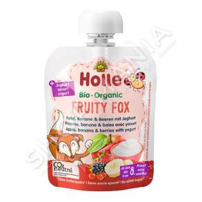 HOLLE - KOS ME FRUTA (MOLLE, LULESHTRYDHE, BANANE, MANAFERRA, RRUSH PA FARA) 85G/+8MUAJSH "ORGANIC FRUITY FOX - APPLE, BANANA, BERRIES YOGHURT POUCH" - 7640230490320