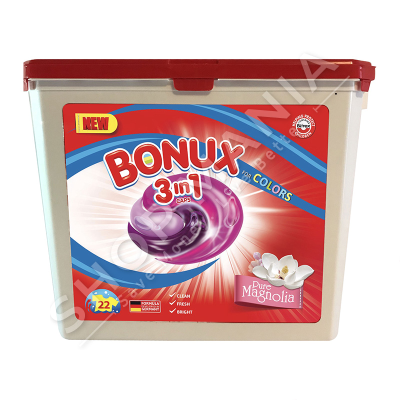 BONUX - DETERGJENT KAPSULA 3 NE 1 PER RROBA ME NGJYRE "PURE MAGNOLIA" - 22 LARJE