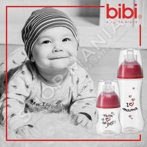 BIBI - SHISHE QELQI ME GRYKE TE NGUSHTE ME BIBERON SILIKONI "DENTAL - I LOVE MAMA/PAPA IS THE BEST" - 240ML, +0 MUAJ