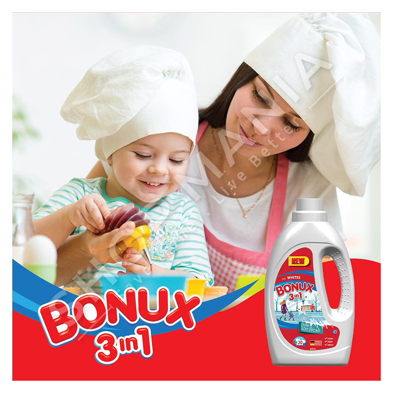 BONUX - DETERGJENT LENG 3 NE 1 PER RROBA TE BARDHA "POLAR ICE FRESH" - 20 LARJE