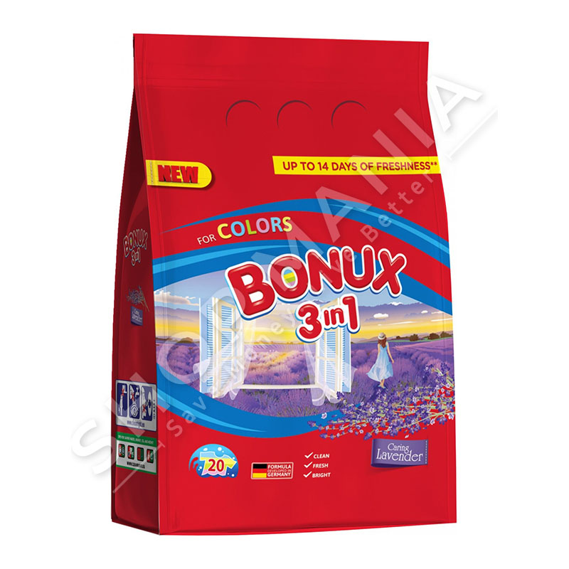 BONUX - DETERGJENT PLUHUR 3 NE 1 PER RROBA ME NGJYRE "CARING LAVENDER" - 20 LARJE